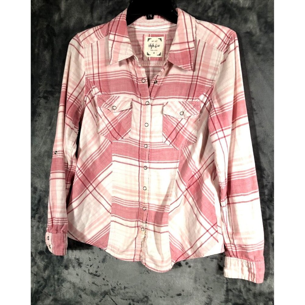 Style & Co Womens Shirt Button-Up Pink Plaid Size Medium